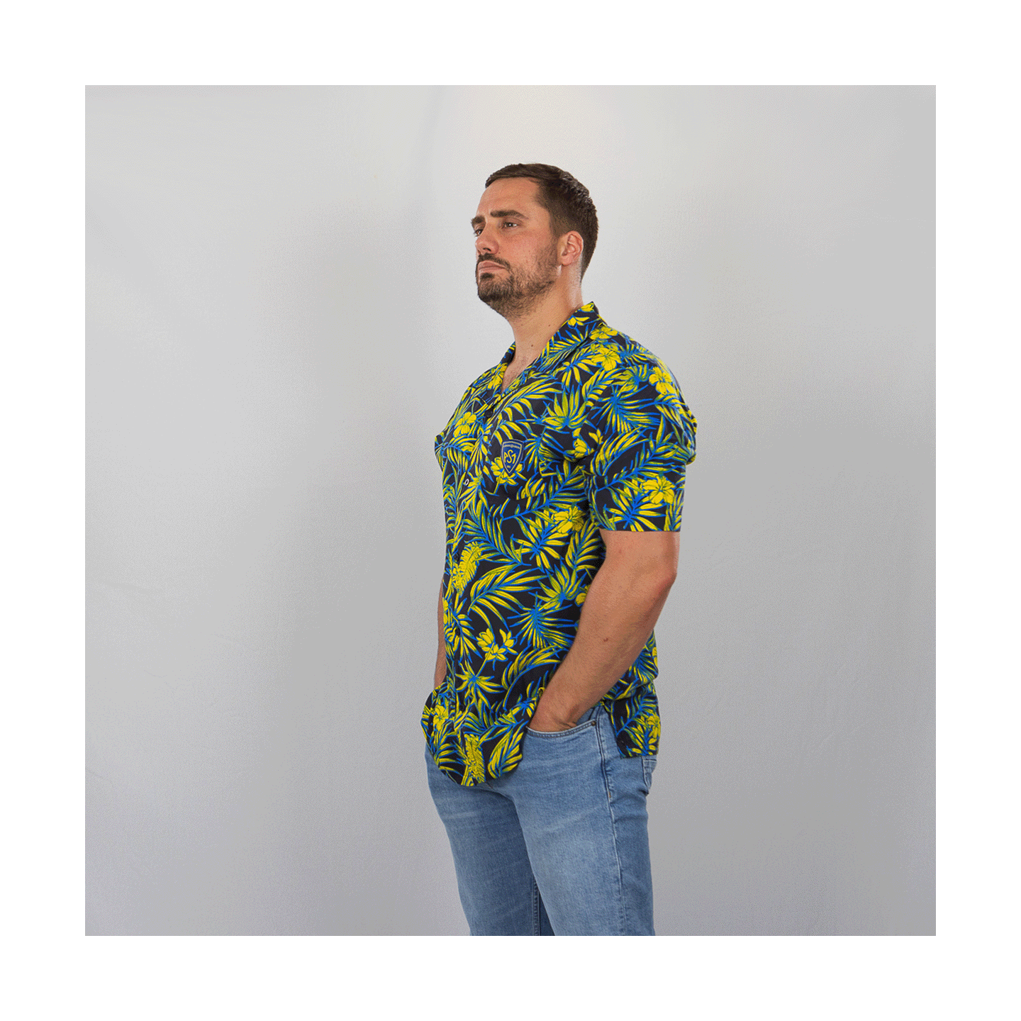 Chemise Hawaïenne Cutter & Buck Homme Taille L - Jaune Bleu Manches Courtes Rayonne